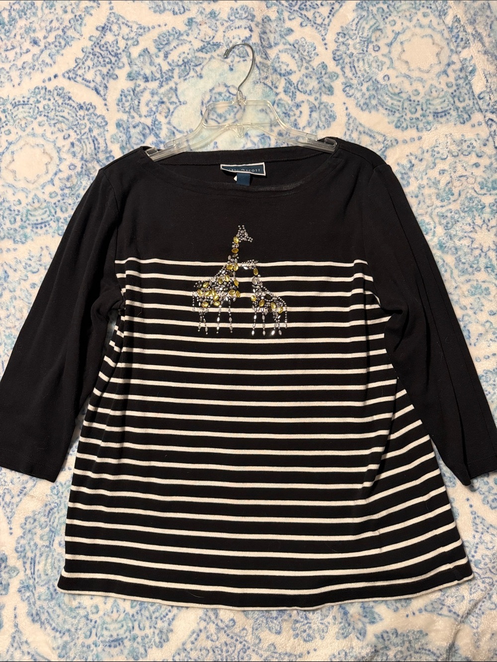 Black & White Striped 3/4 Sleeve Tee with Embellished Giraffe Motif